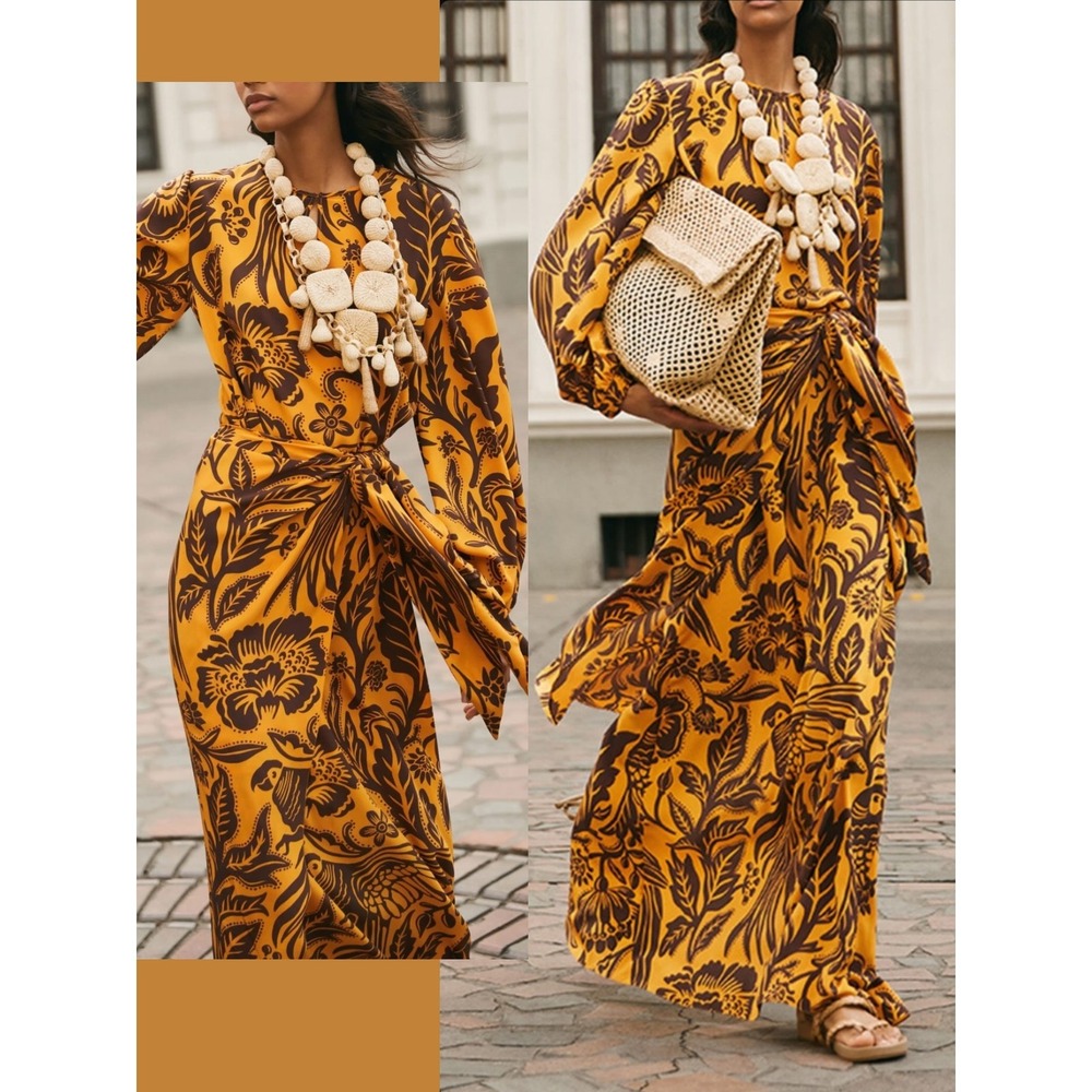 Johanna Ortiz Maxi Dress 100% SILK Yellow Gold Brown Floral Gown Long Sleeve 2